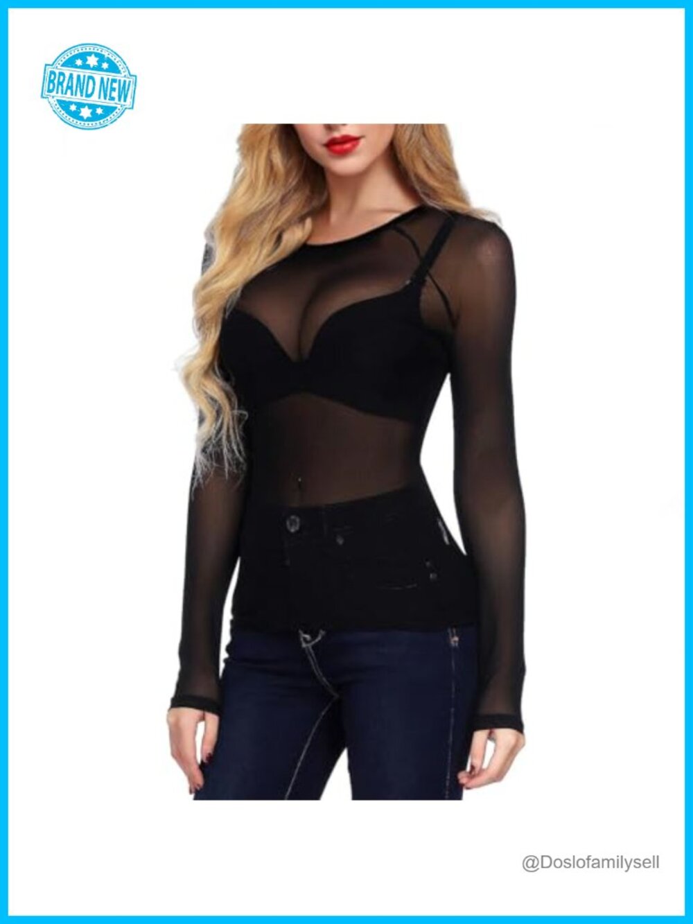 Women's Sheer Mesh Fishnet Top Long Sleeve Round Neck Plus Size